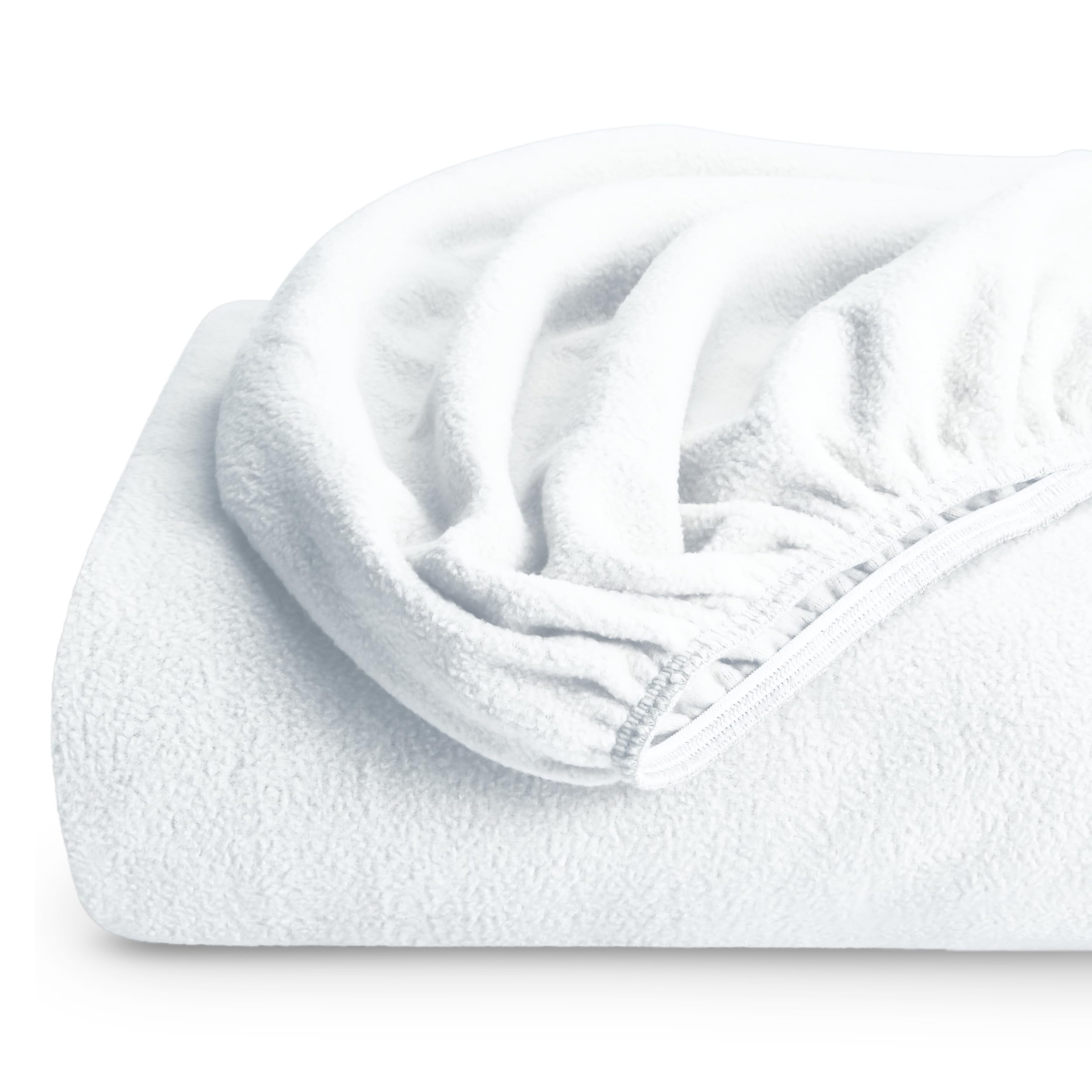 Bare Home fitted sheet front view showing clean white finish and snug fit benefit