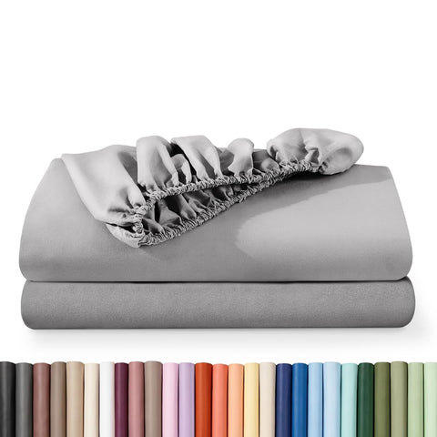 Bare Home fitted sheet front packaging showing twin XL two-pack and light grey benefit