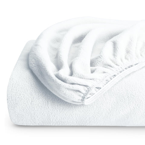 Bare Home fitted sheet front view showing clean white finish and snug fit benefit
