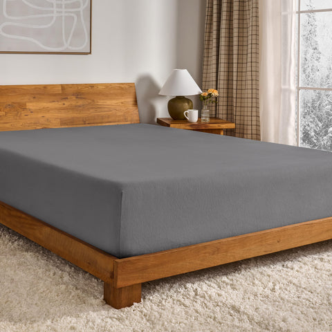 Bare Home front view of grey queen flannel fitted sheet packaging, inviting comfort