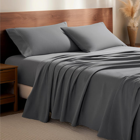 Bare Home packaging showing grey flannel set and contents benefit: clear product info