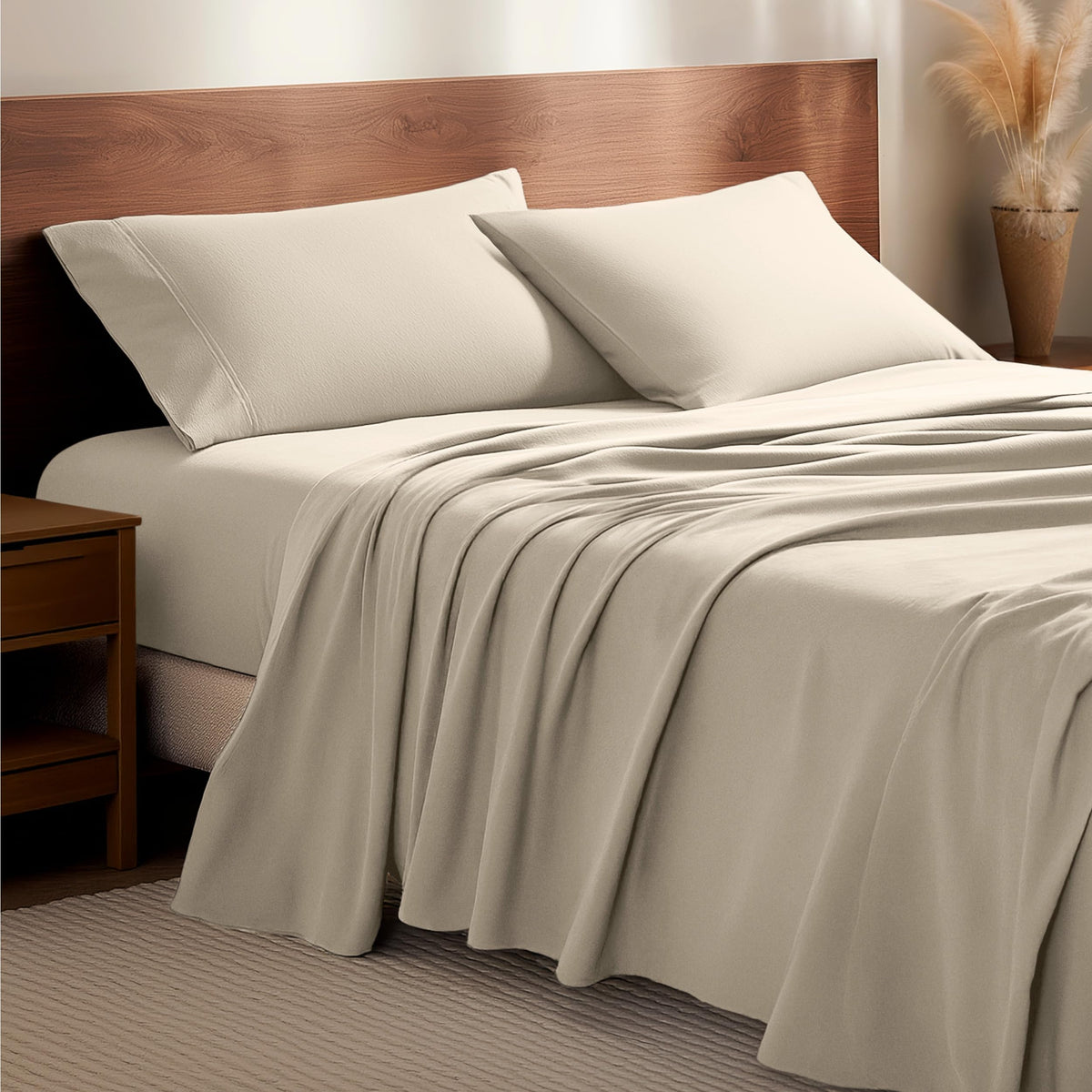 Bare Home front view of flannel sheet set showing neat packaging and cozy appeal