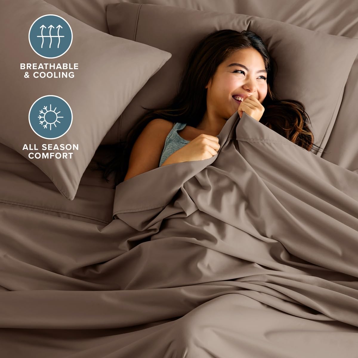 Bare Home flat sheet drape across bed illustrating full queen coverage