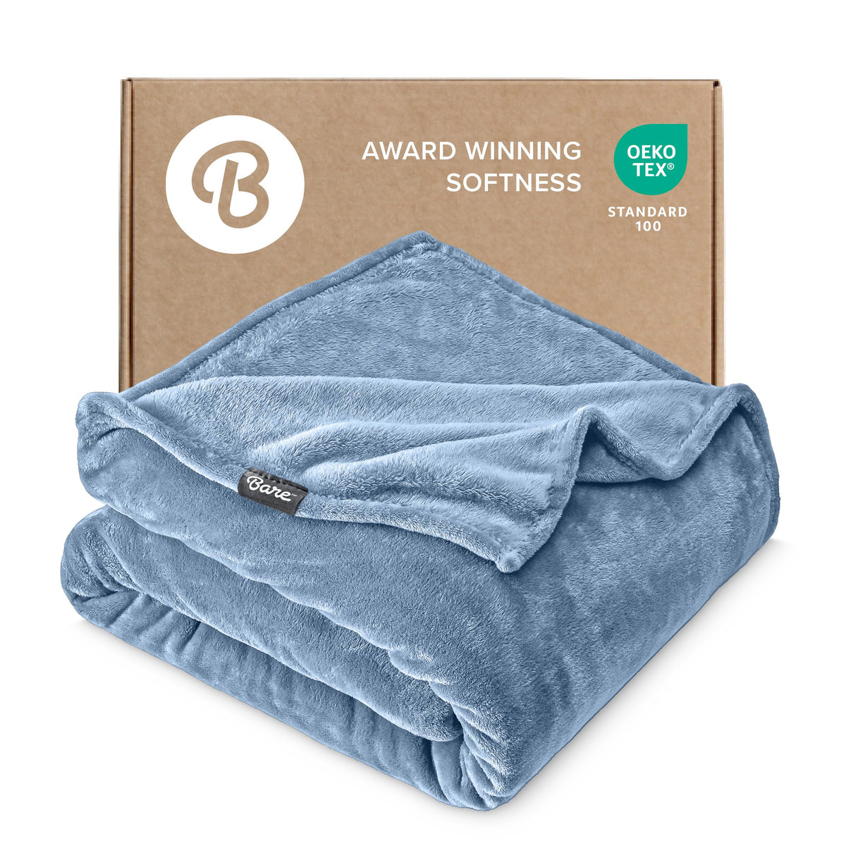 Bare Home front view of Coronet Blue blanket showing color and finish for cozy decor