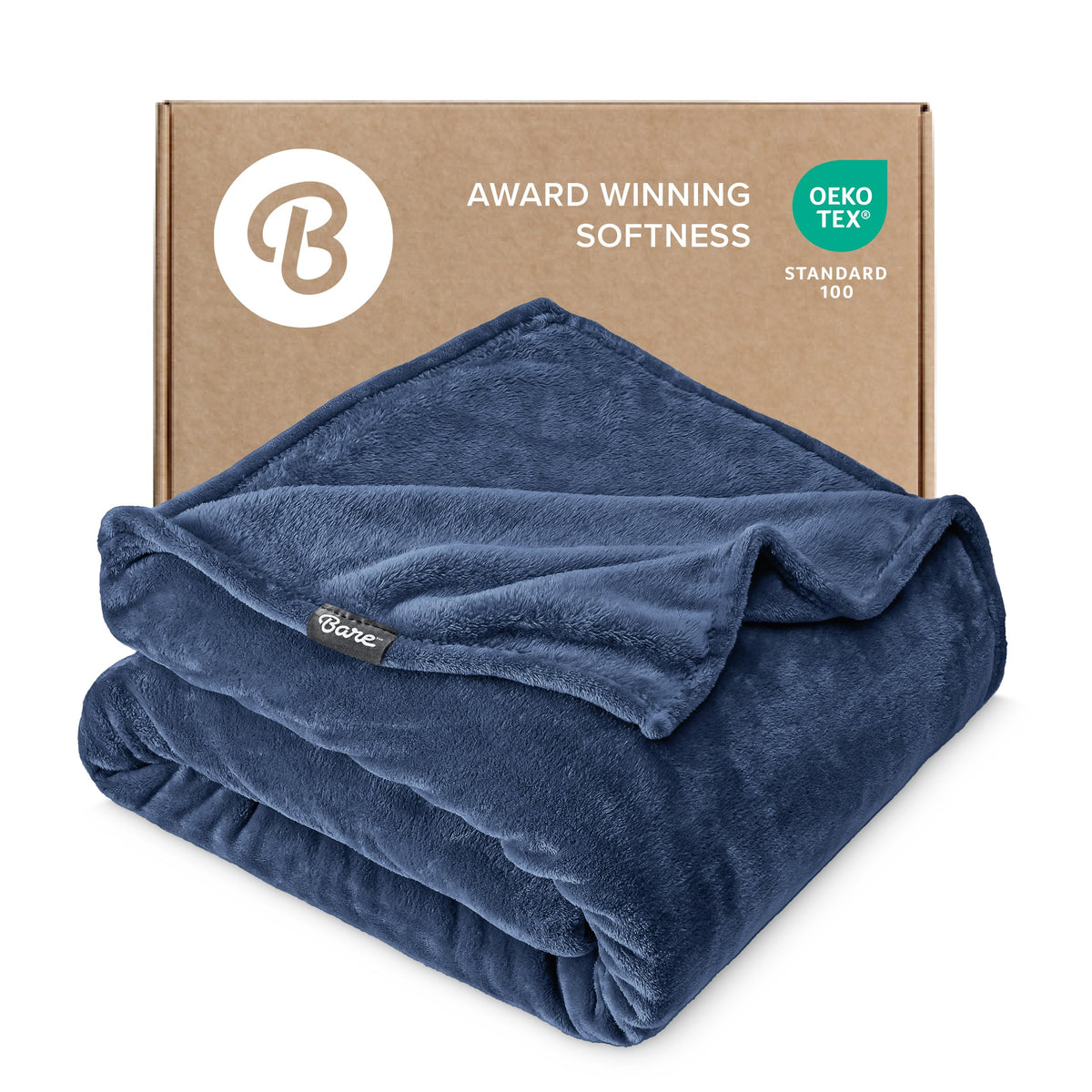 Bare Home dark blue blanket front view showing smooth plush finish and cozy comfort