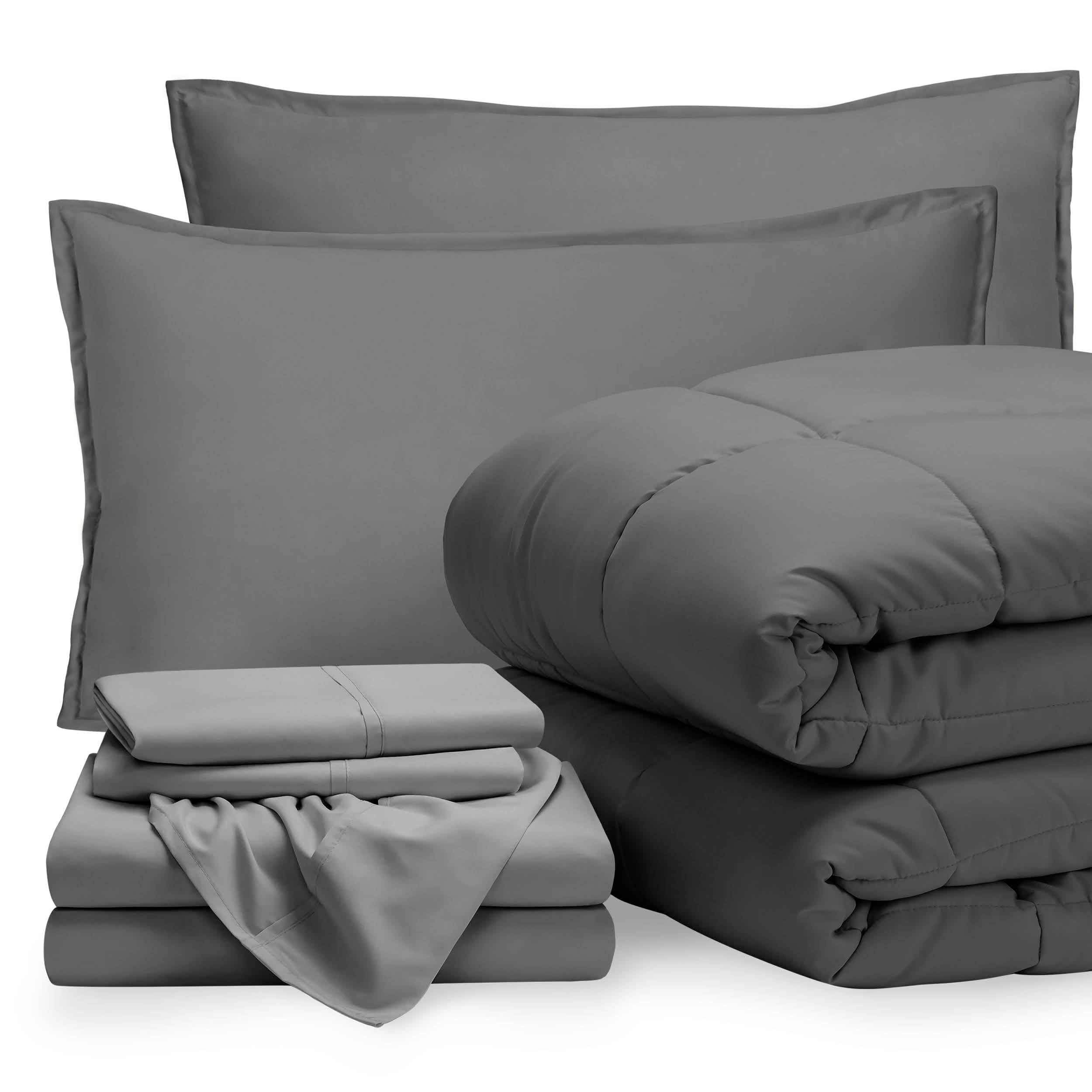 Bare Home front view of full grey and light grey bedding set showing neat presentation
