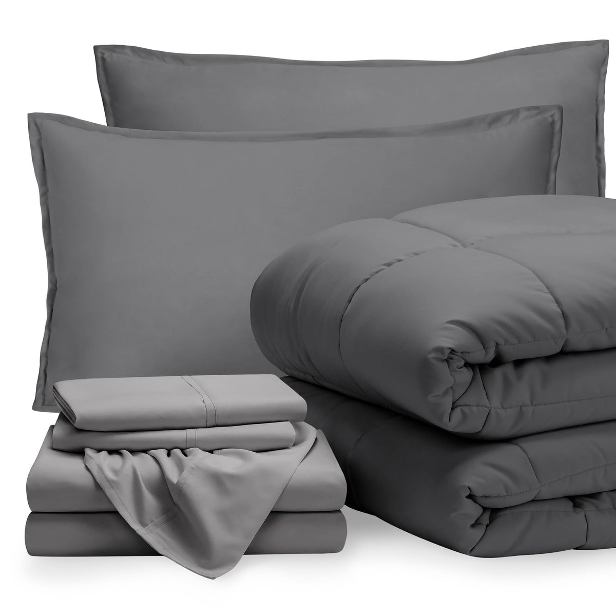 Bare Home front view of full grey and light grey bedding set showing neat presentation