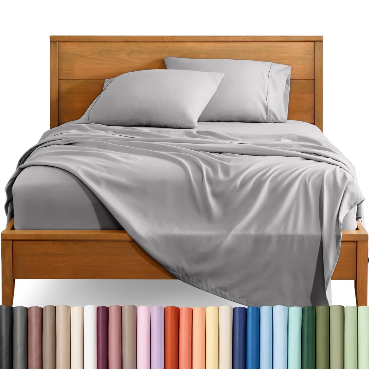 Bare Home front packaging of light grey sheet set showing contents and color for easy choice
