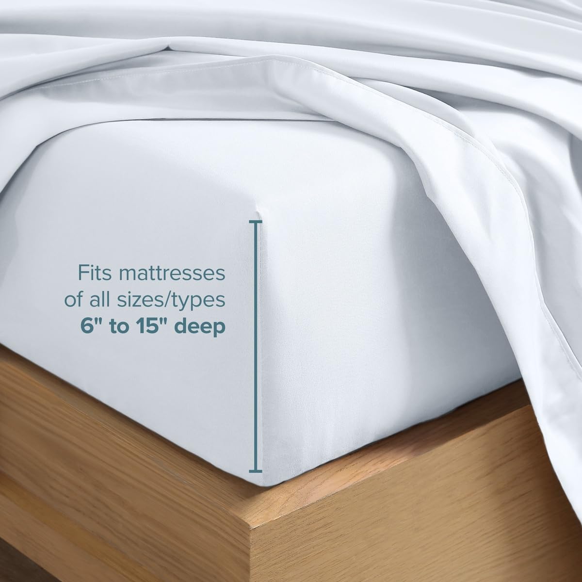 Bare Home deep pocket demo fitted over mattress showing 6–15" compatibility benefit