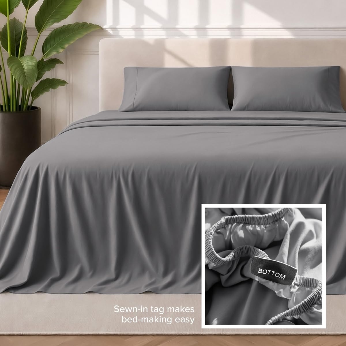 Bare Home grey sheet set in styled bedroom showing neutral tone that complements decor