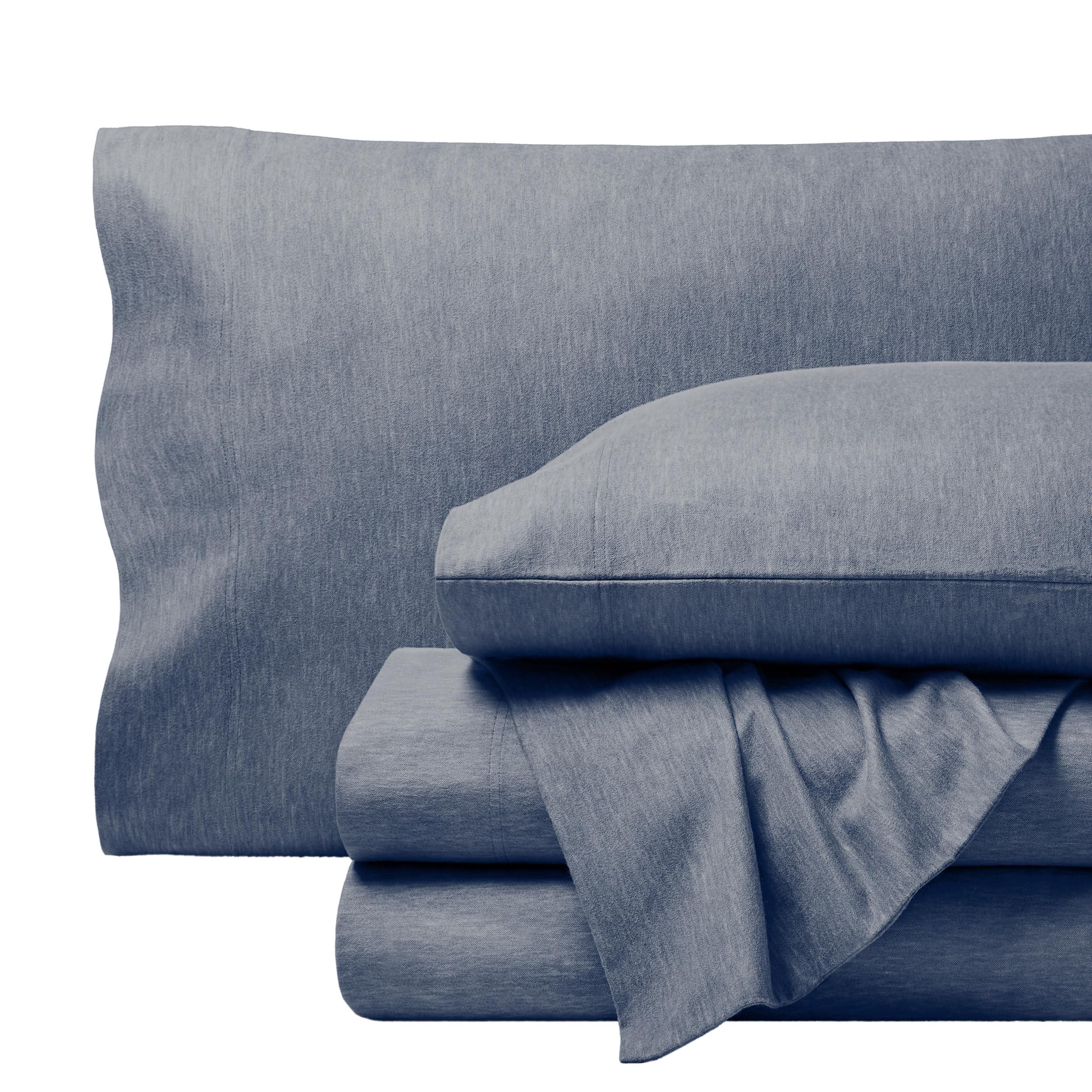 Bare Home front view of heather indigo flannel sheet set, cozy aesthetic