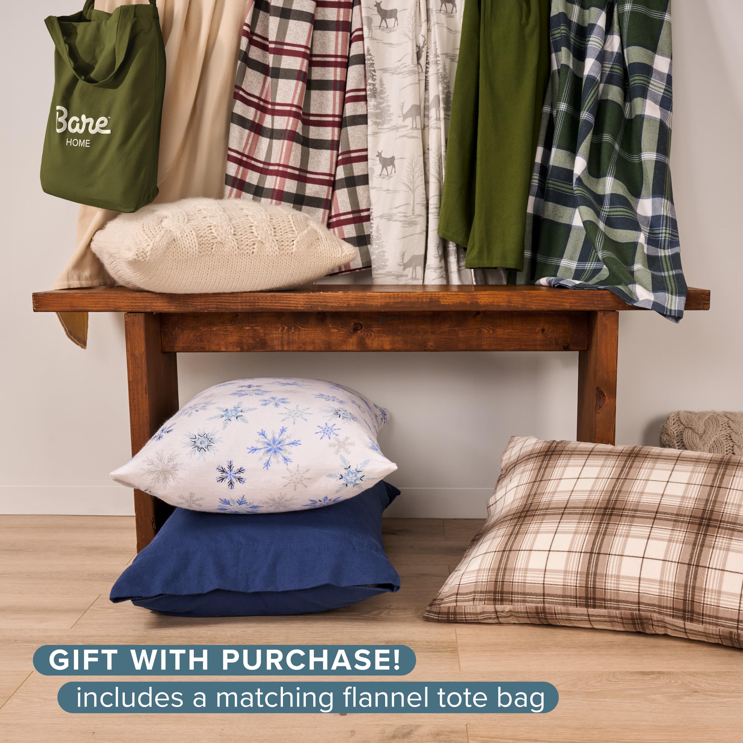 Bare Home lifestyle bedroom scene showing dark blue flannel sheets styled for cozy warmth