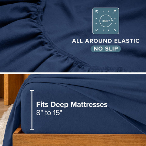 Bare Home fitted sheet demonstration on mattress showing 15" deep pocket for high mattresses