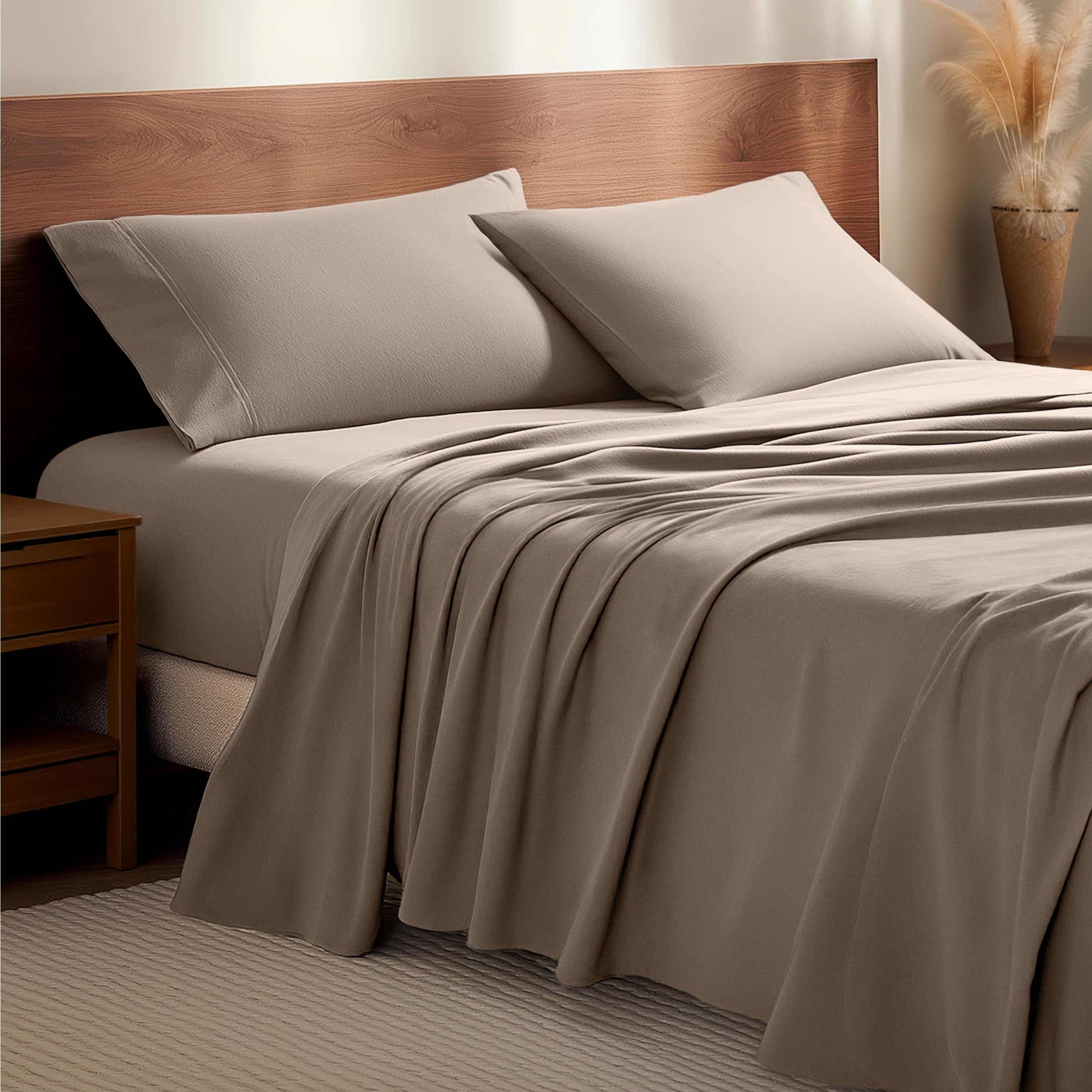 Bare Home front packaging view showing taupe king flannel set benefit of clear contents