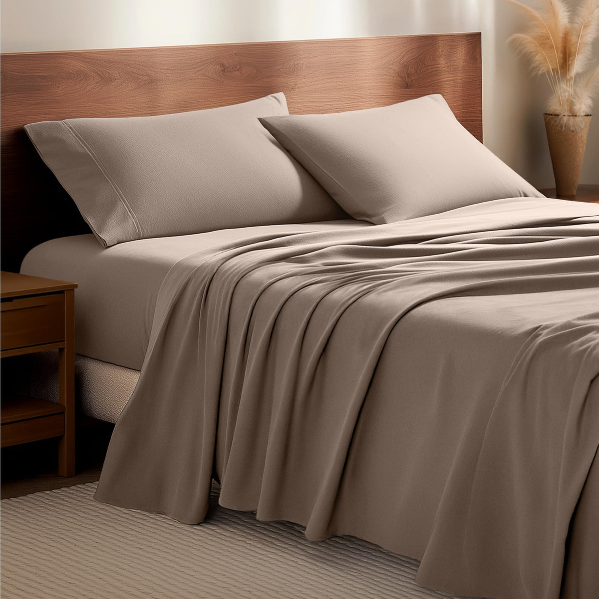 Bare Home front packaging view showing taupe king flannel set benefit of clear contents