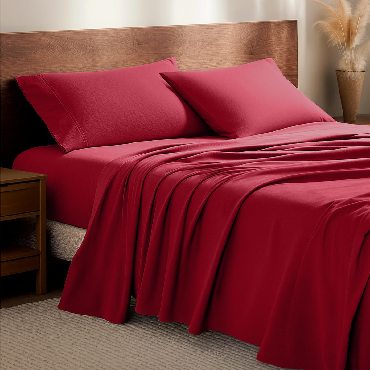 Bare Home front packaging showing red king flannel set and clear contents benefit warmth