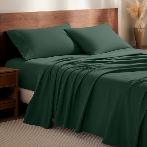 Bare Home front packaging showing forest green king flannel set, highlights included items