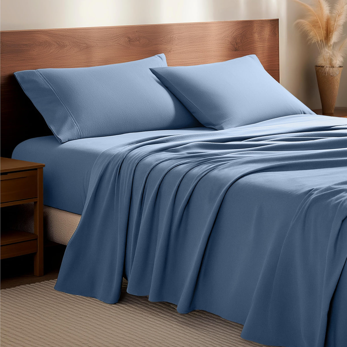 Bare Home king flat and fitted sheet front view showing coronet blue and full set benefits