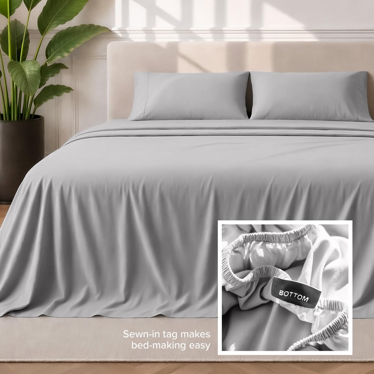 Bare Home styled bedroom with light grey sheets demonstrating neutral aesthetic and calm sleep space
