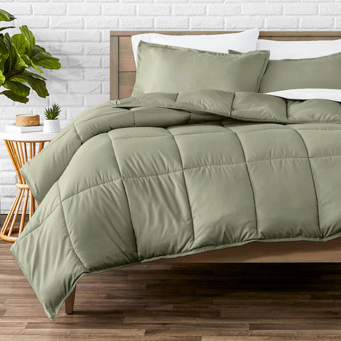 Bare Home queen comforter front view showing sage color and full coverage for cozy bedding