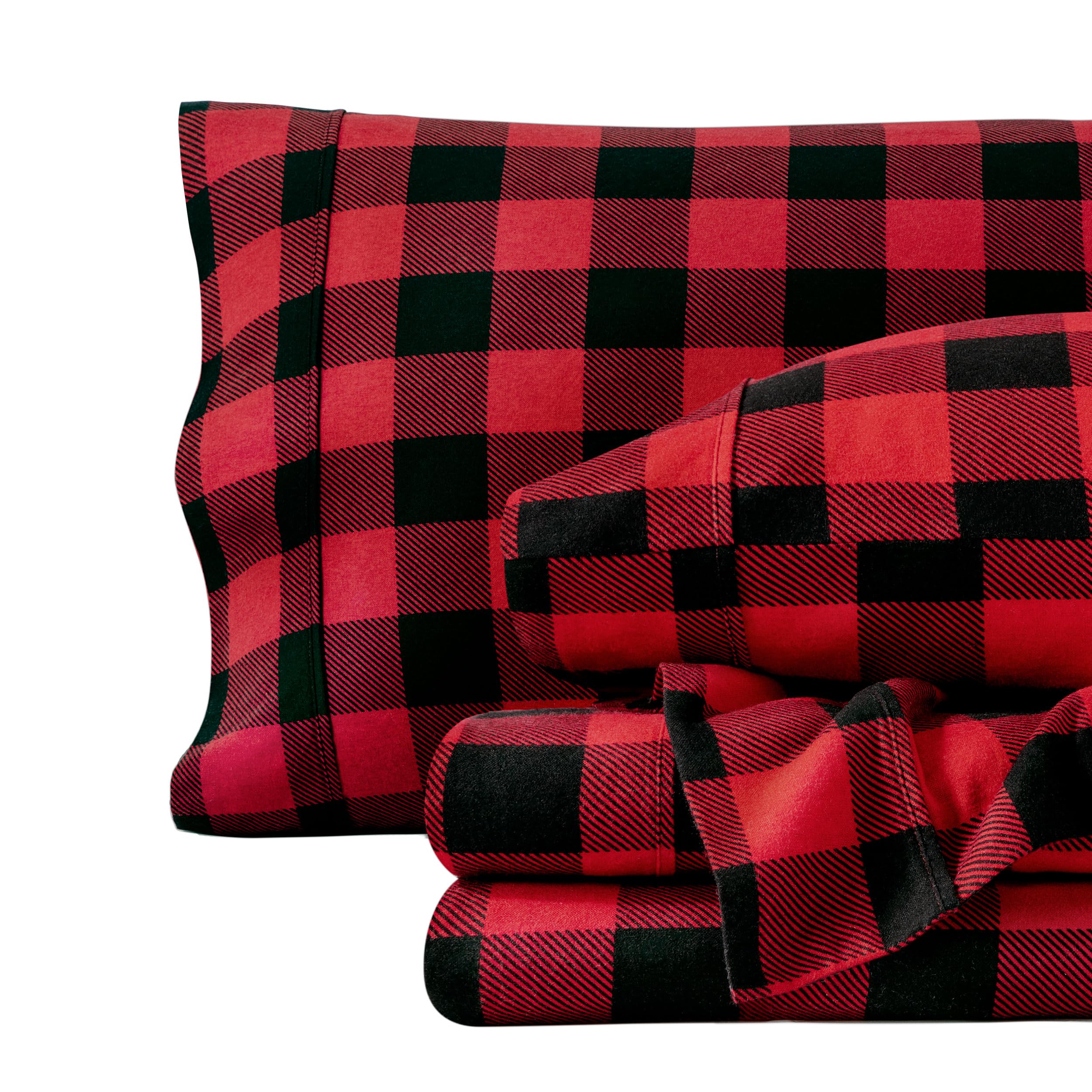 Bare Home queen sheets front view showing buffalo plaid for cozy warmth