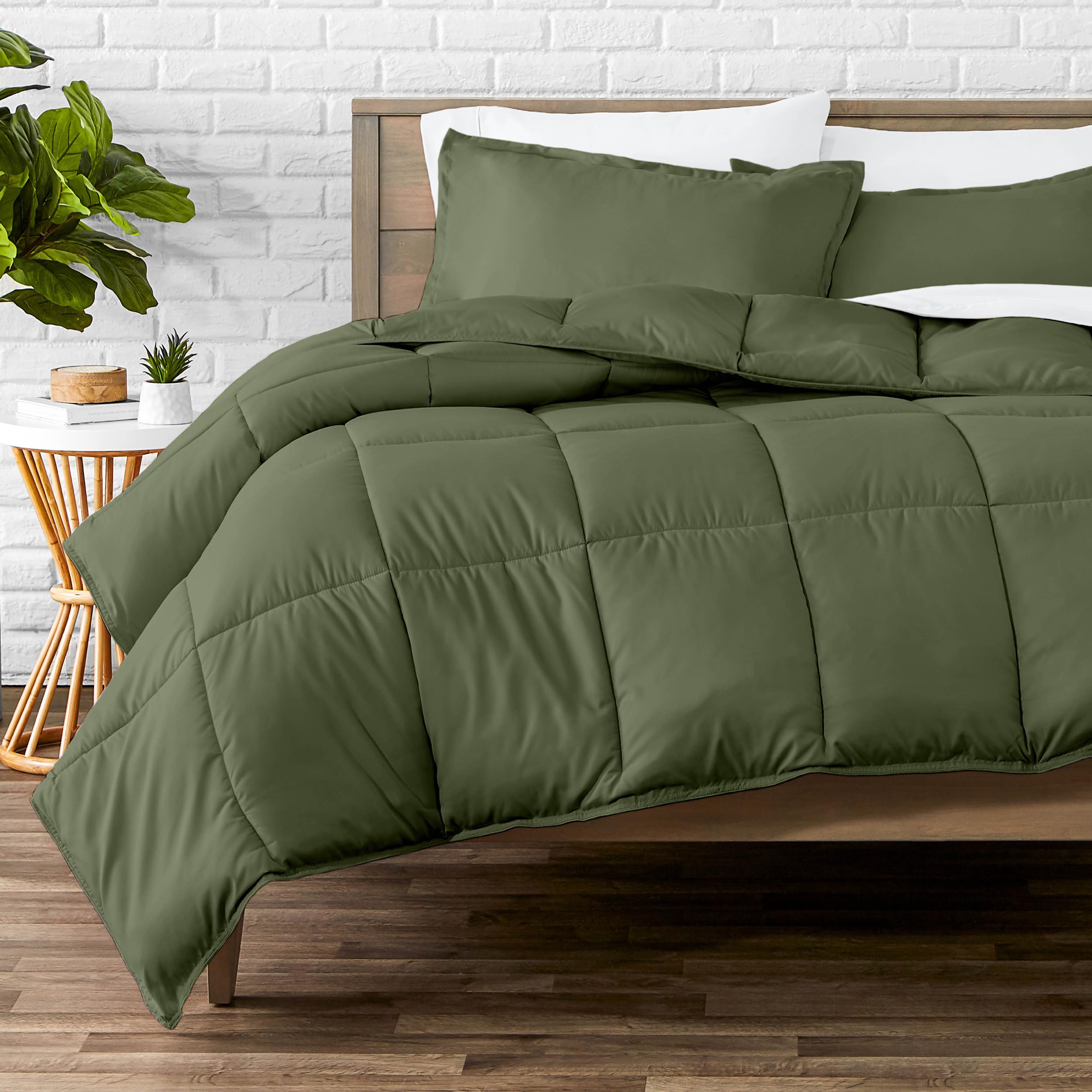 Bare Home front view of queen comforter set showing Cypress Green and neat drape for style