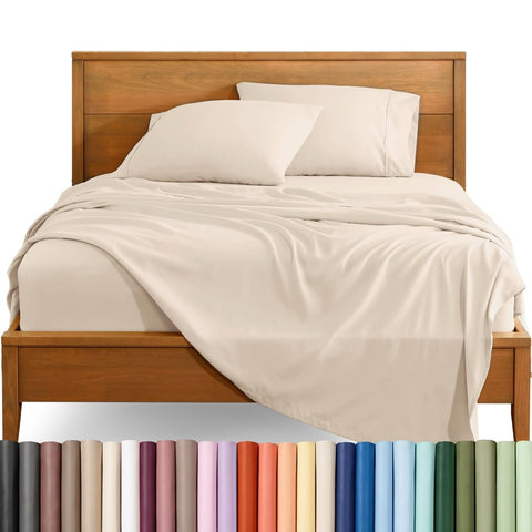 Bare Home queen sheet set front packaging shows sand color and inviting benefit