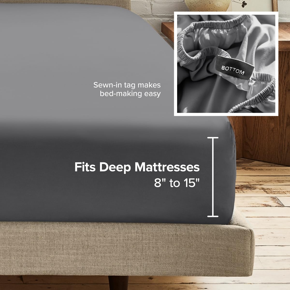 Bare Home size comparison with ruler showing fit up to 15-inch mattresses