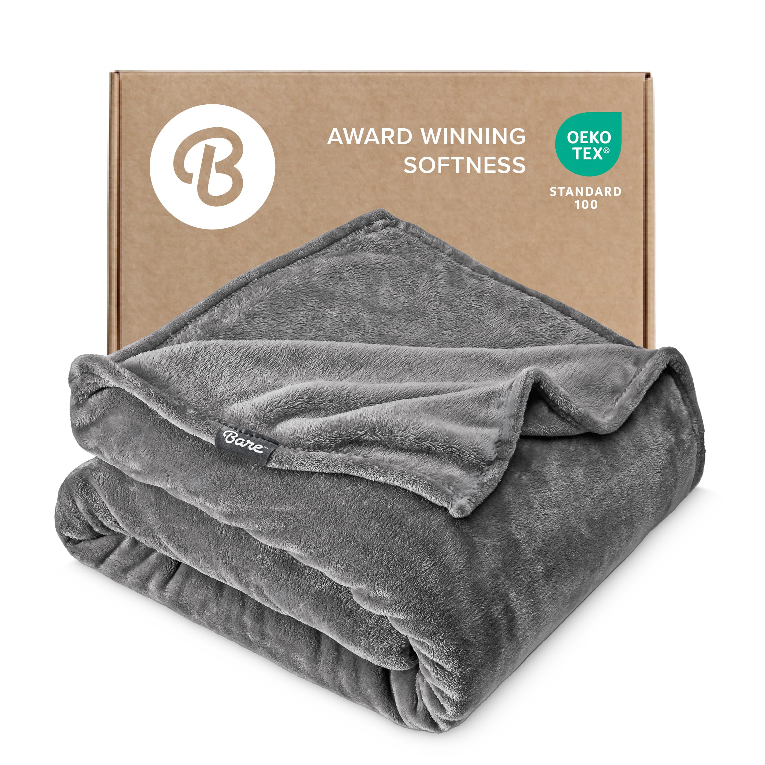 Bare Home twin grey front view showing full blanket and neat finish for quick styling