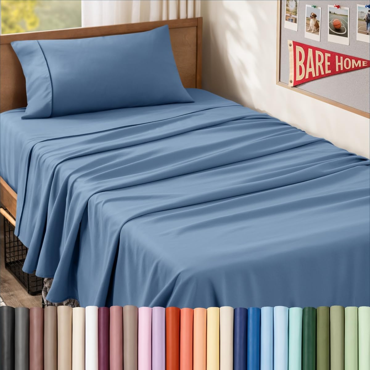Bare Home front packaging showing Coronet Blue set and immediate benefit of soft bedding