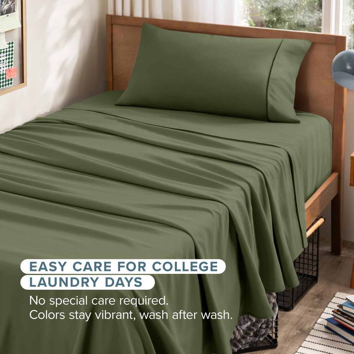 Bare Home sheets styled on a Twin XL mattress in a relaxed bedroom scene