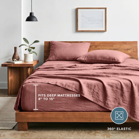 Bare Home styled bedroom scene showing dusty rose sheets enhancing decor benefit