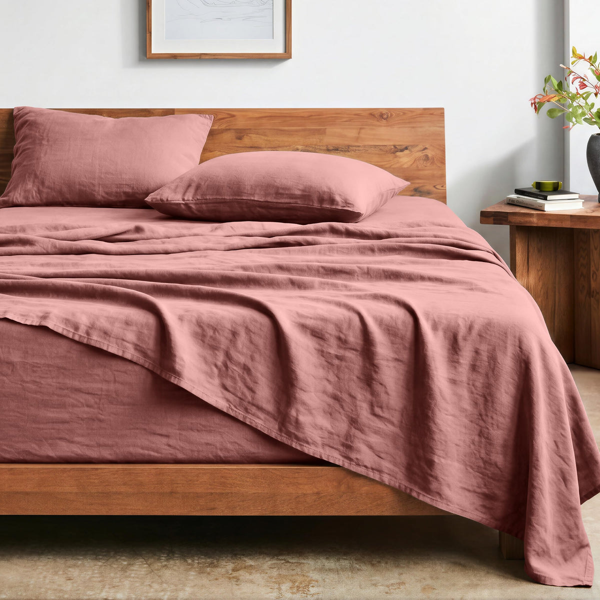 Bare Home front view of dusty rose sheet set showing color and full set benefit