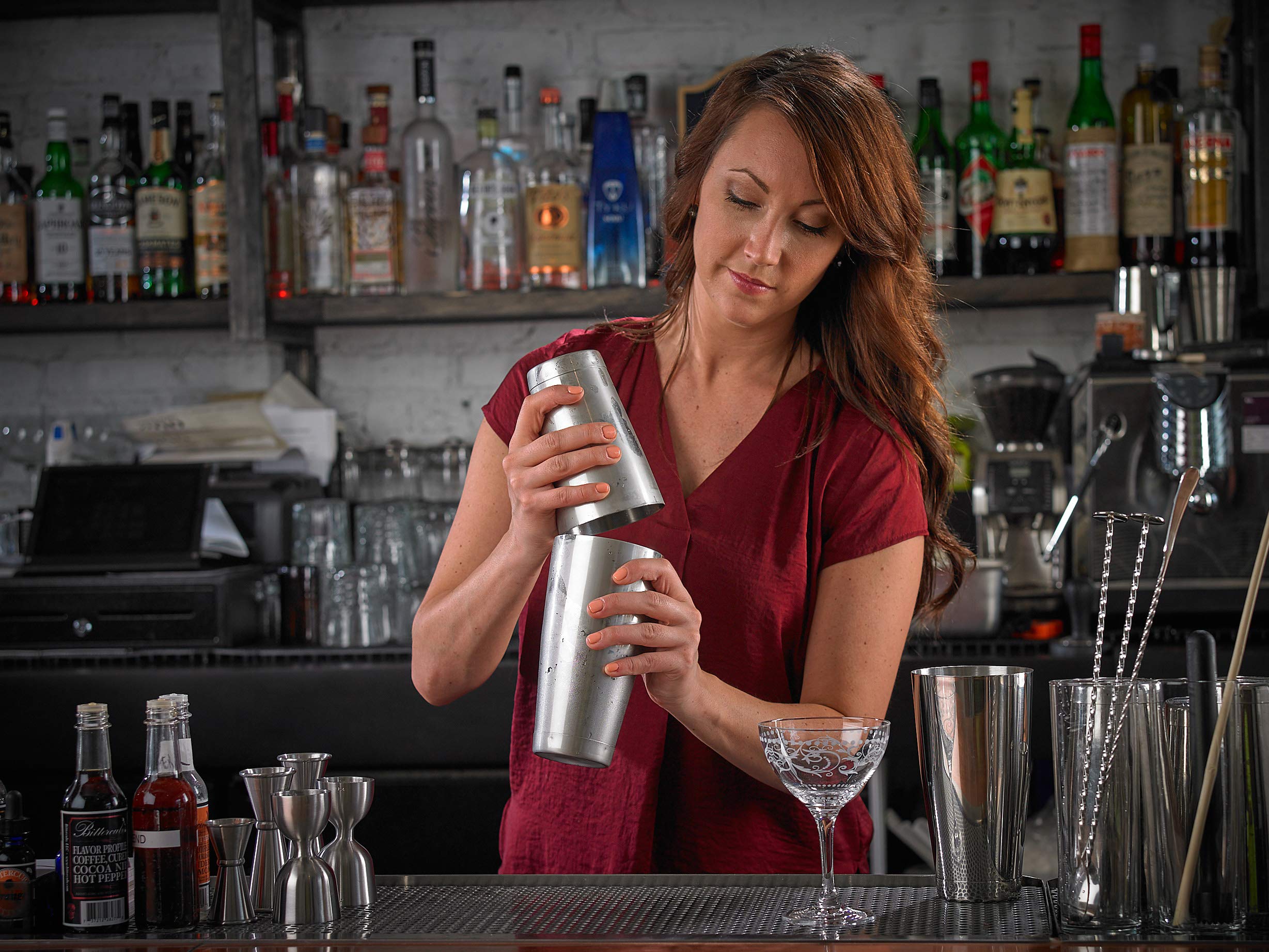 Barfly shakers displayed on a bar back showing stylish presentation and reliability