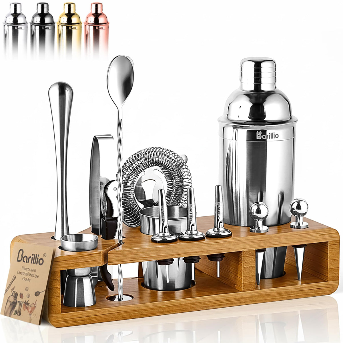 barillio front view of full 23-piece kit on bamboo stand showcasing organized tools and style