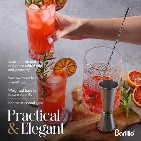 Barillio in use stirring a Manhattan showing visible dilution control benefit