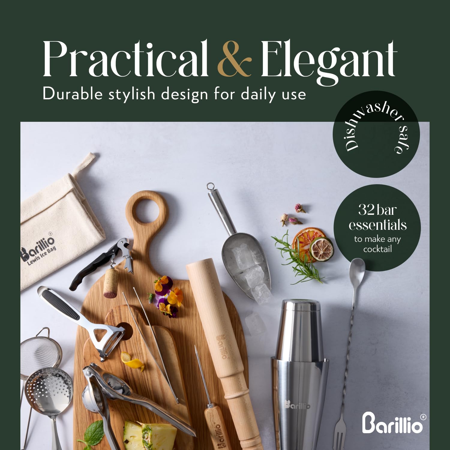 barillio measuring jigger and spoon displaying precise pours for recipe accuracy