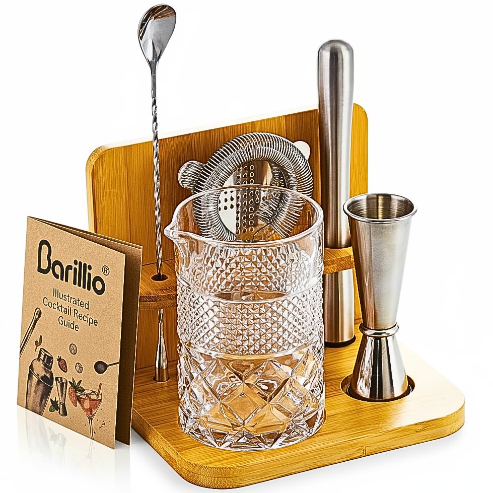 Barillio mixing glass front packaging showing set and durable finish benefit