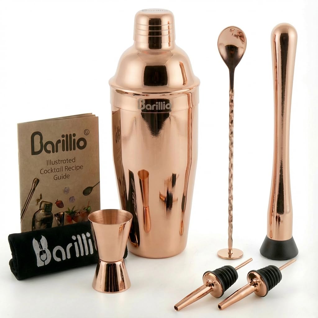 barillio rose gold shaker front view showing sleek finish and reliable mixing