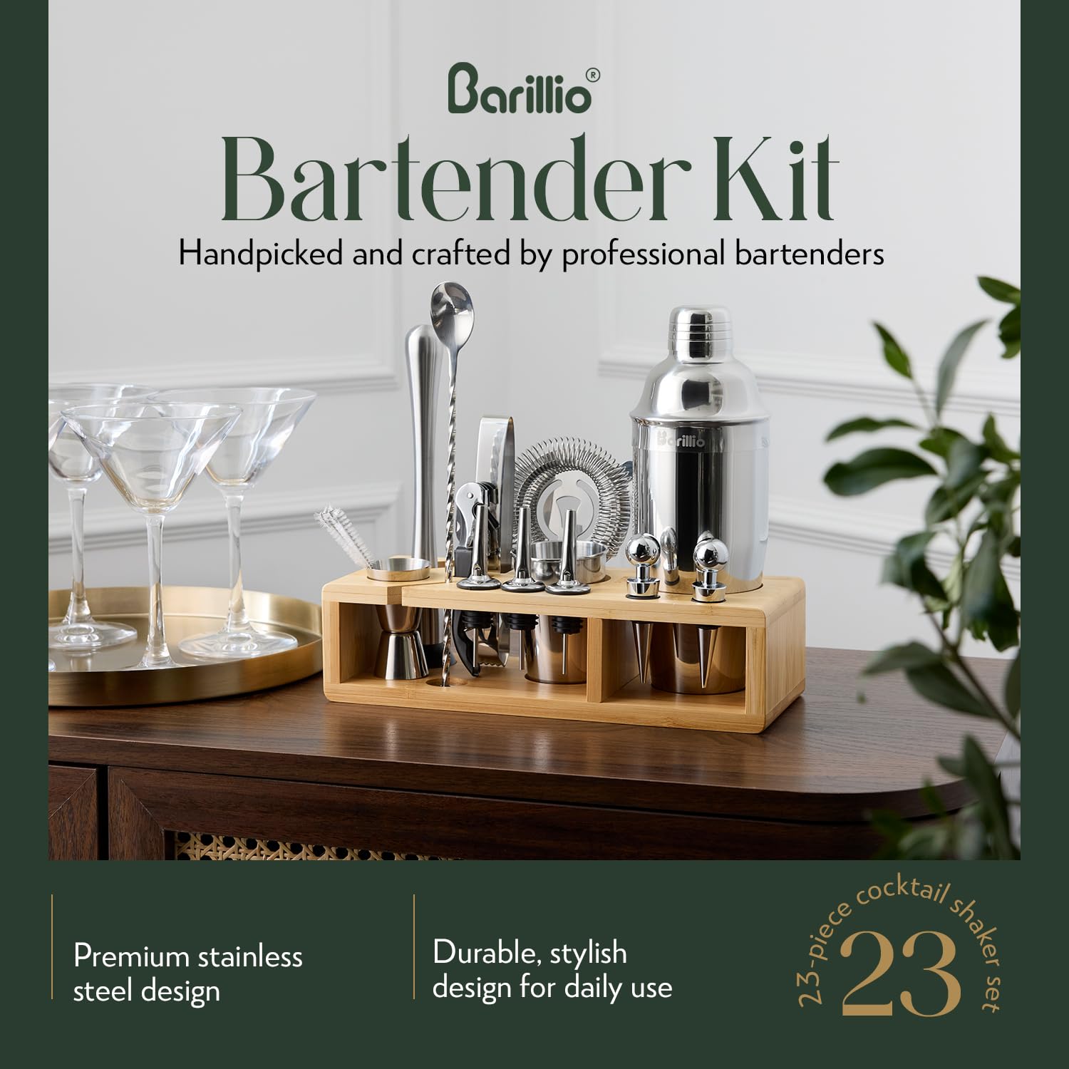barillio close-up of stainless-steel shaker highlighting leak-resistant seal and polished finish