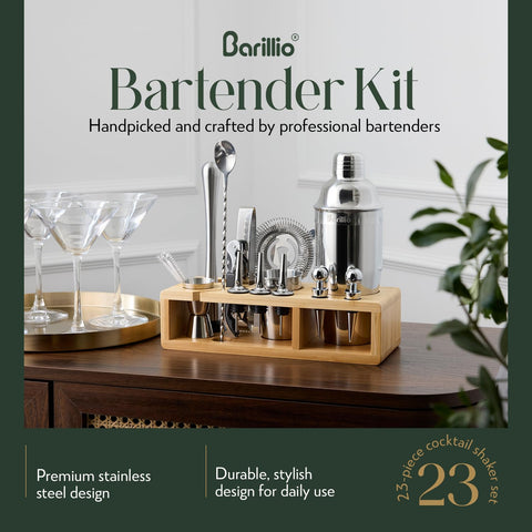barillio close-up of stainless-steel shaker highlighting leak-resistant seal and polished finish