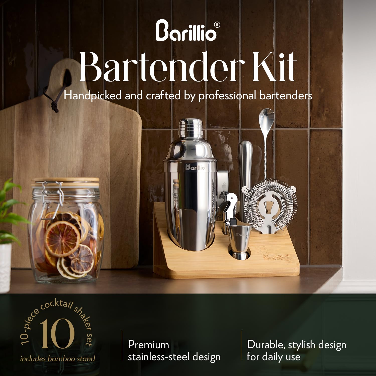 barillio stainless-steel shaker closeup highlighting rustproof polished finish