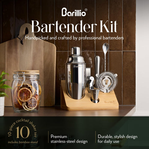 barillio stainless-steel shaker closeup highlighting rustproof polished finish