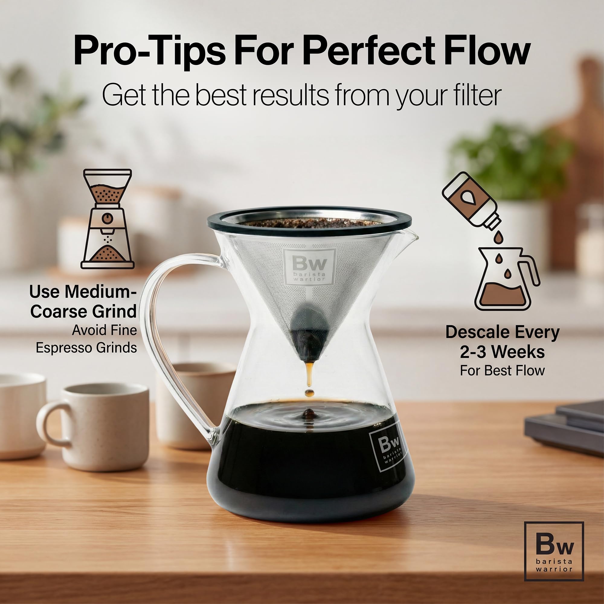 Barista Warrior underside laser-cut cone trap detail preventing grounds and improving clarity