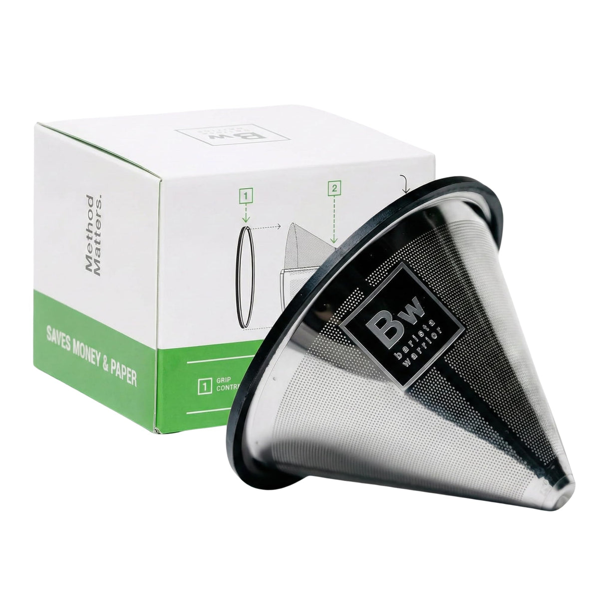 Barista Warrior front view of stainless steel filter showing sleek design and durable construction