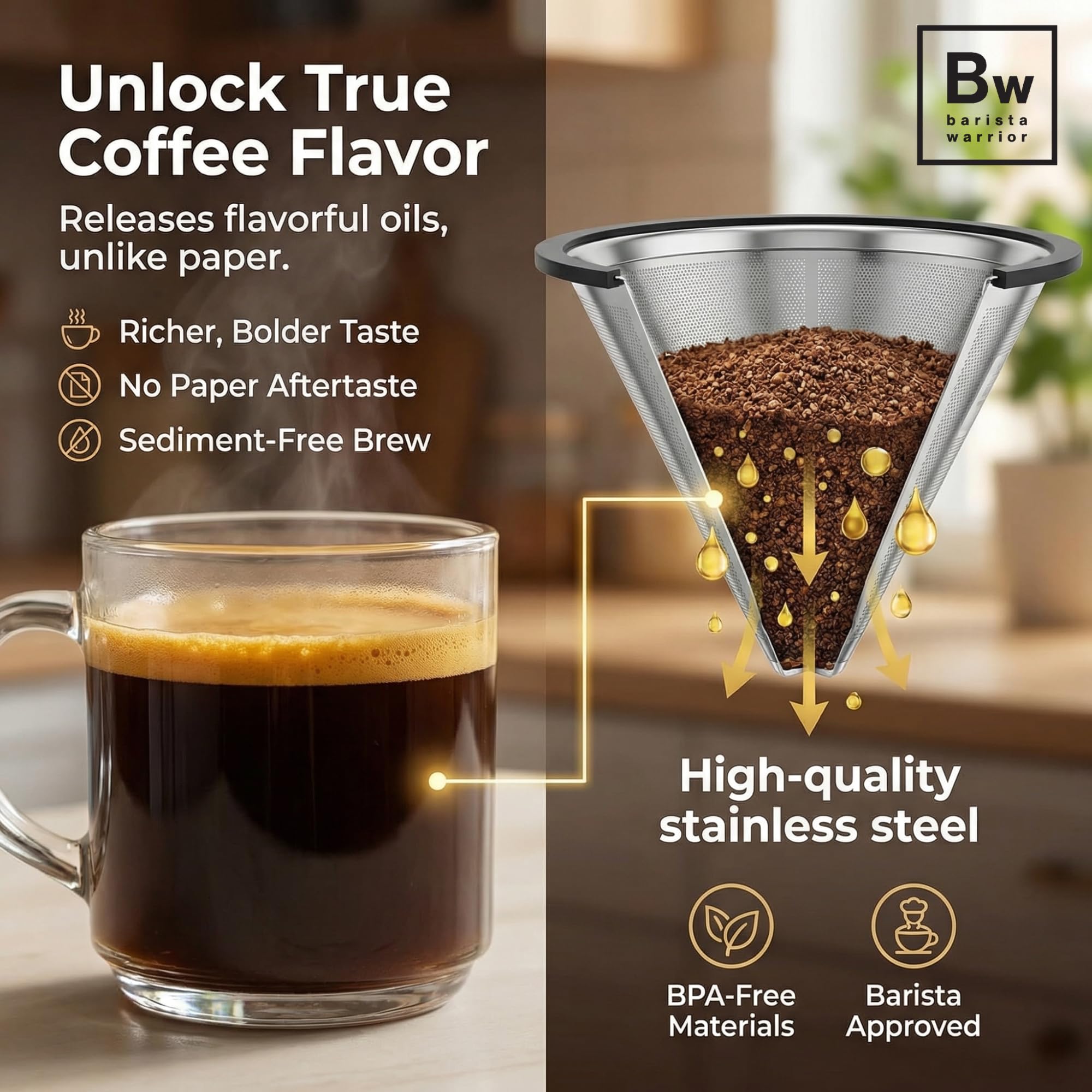 Barista Warrior filter beside a ruler showing dimensions for proper fit and secure seating