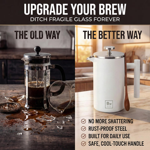 Barista Warrior beside wooden spoon showing 34 oz capacity and easy stirring benefit