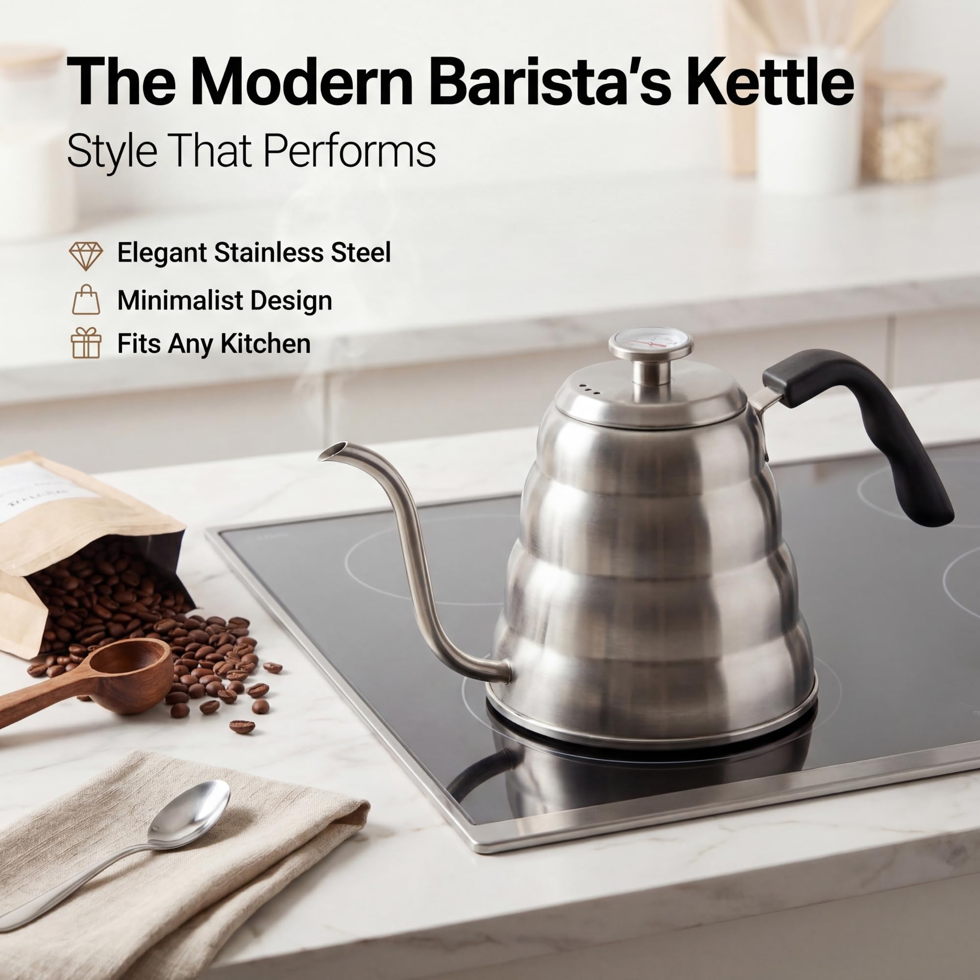 Barista Warrior kettle on stovetop demonstrating compatibility and quick heating