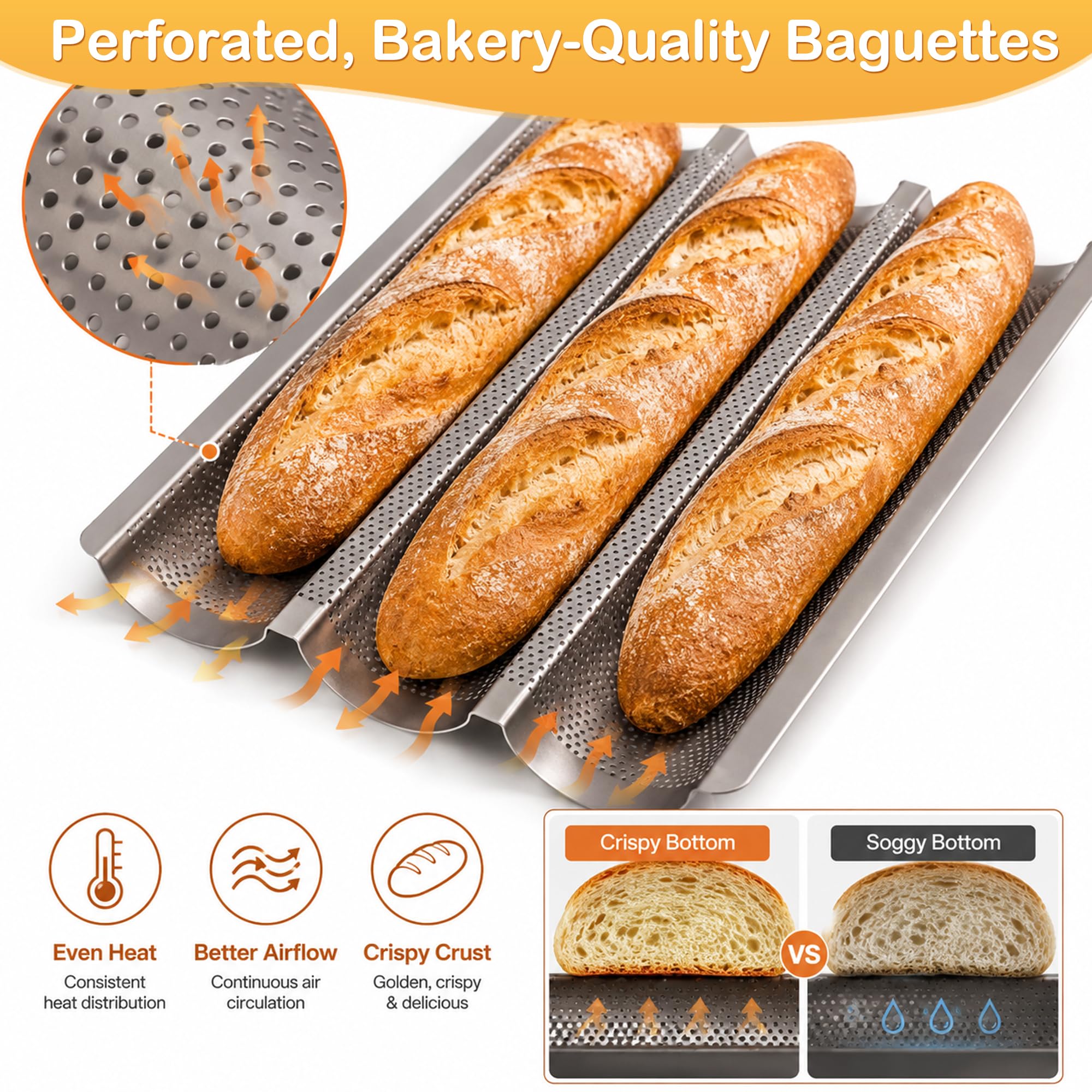 Barlket pan with three baguettes in oven demonstrating even browning