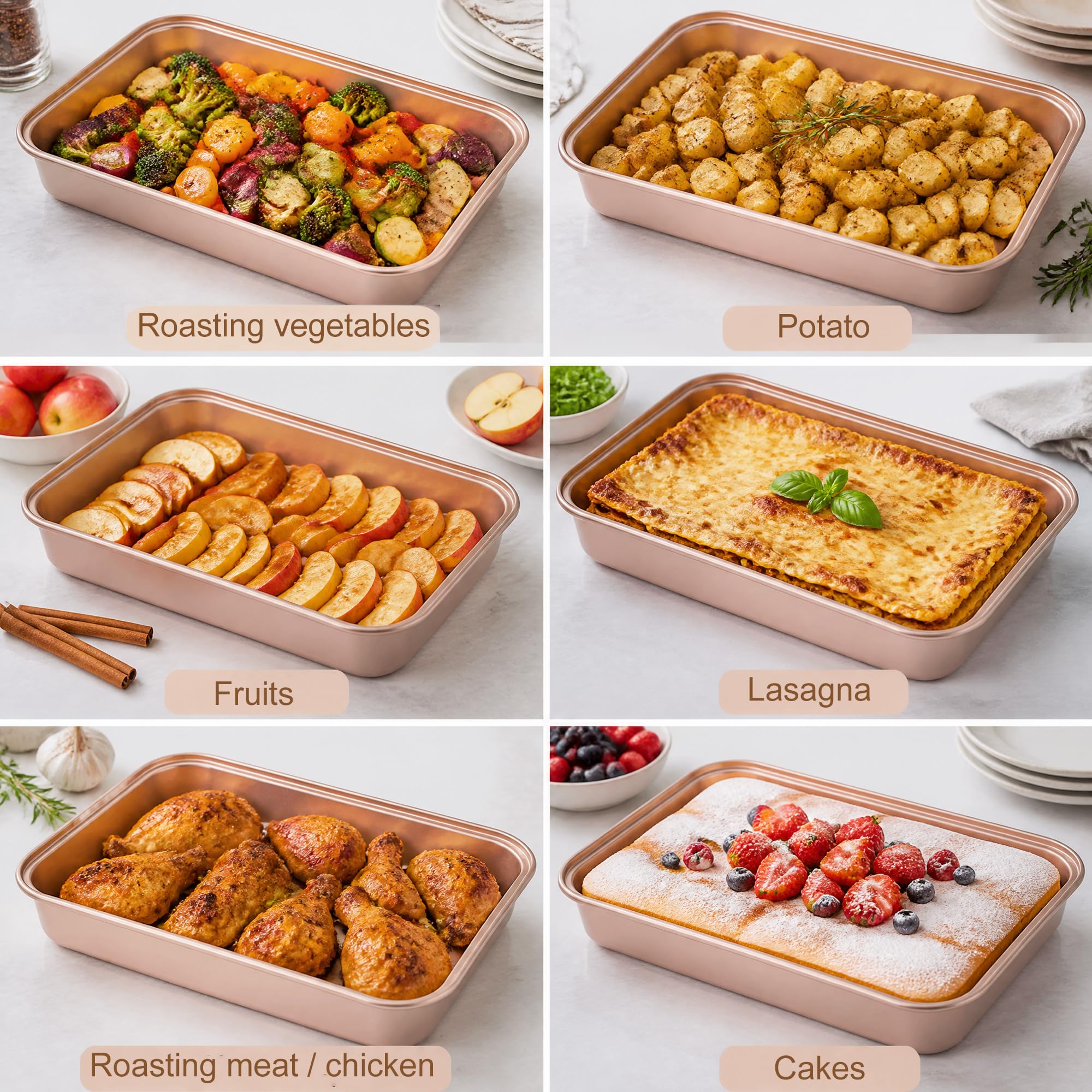 Barlket pan served on table with lasagna showing presentable rose-gold finish for hosting